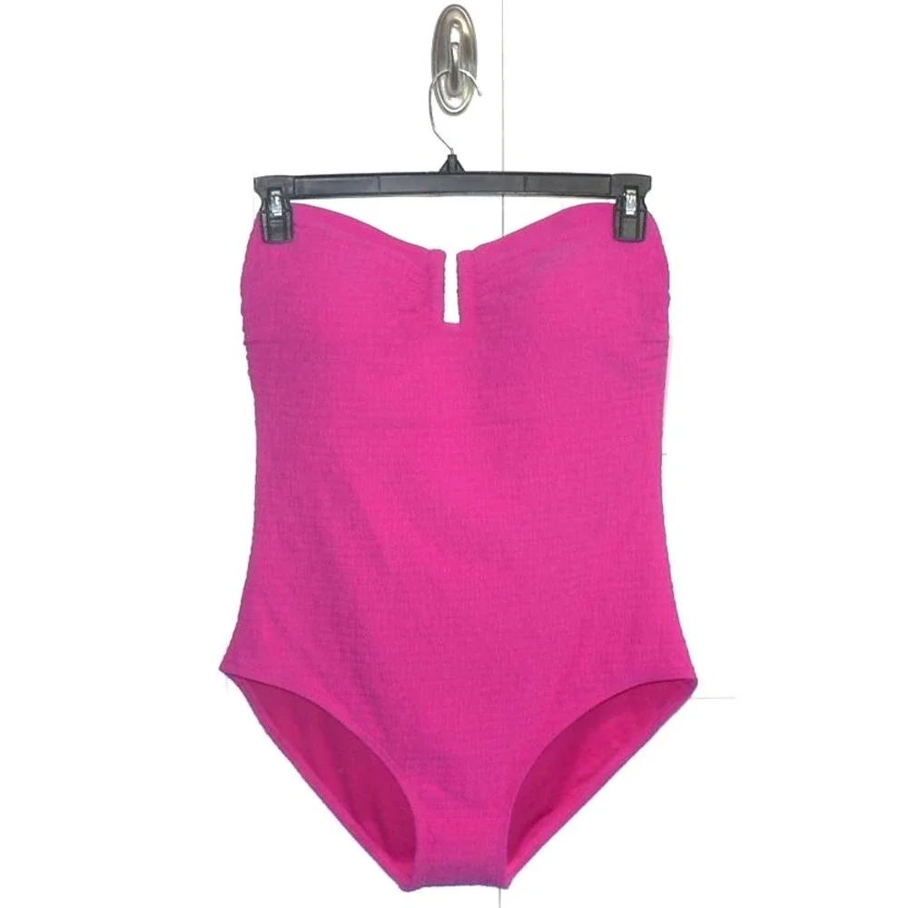 DKNY Women's Textured One-Piece Piece Strapless Swimsuit in Wildberry Pink XL - Picture 2 of 7